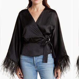 Feather Trim Satin Wrap Top